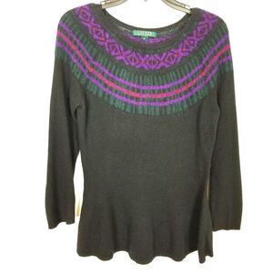 Lauren Ralph Lauren Women Fair Isle Sweater M Mohair Wool Blend Black Pullover‎